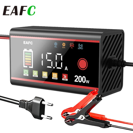 EAFC 12V 15A 8A Car Smart Battery Charger 200W/100W Large LED Display Battery Pulse Use For Calcium, GEL, AGM, Wet, EFB, LIFEPO4