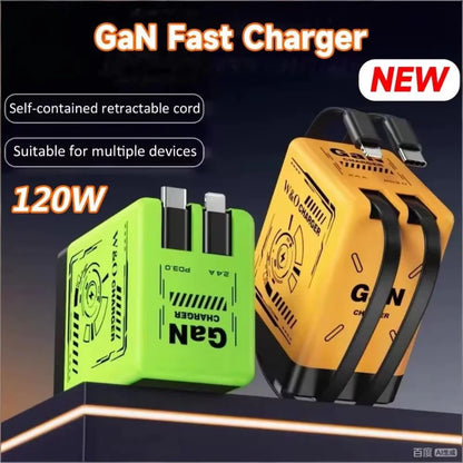 2026 New GaN 120W Fast Charger with Retractable Type-C Ligting Cable Portable Multi-Device Folding Adapter For iPhone Samsung