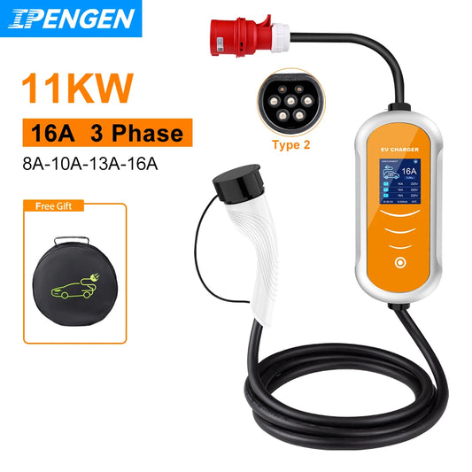 IPENGEN EV Charger 16A 11KW Type 2 IEC-62169 CEE Plug Adjust Current Timer EVSE Charging For Hybrid Eletric Vehicle Cars ﻿
