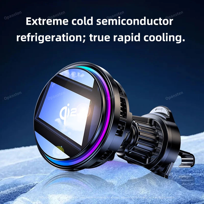 QI2 Ice Cooling Tempered Glass RGB Magnetic Wireless Car Charger Fast Charging Radiator For Magsafe iPhone 12-16 Phone Holder