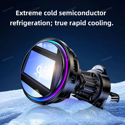 QI2 Ice Cooling Tempered Glass RGB Magnetic Wireless Car Charger Fast Charging Radiator For Magsafe iPhone 12-16 Phone Holder