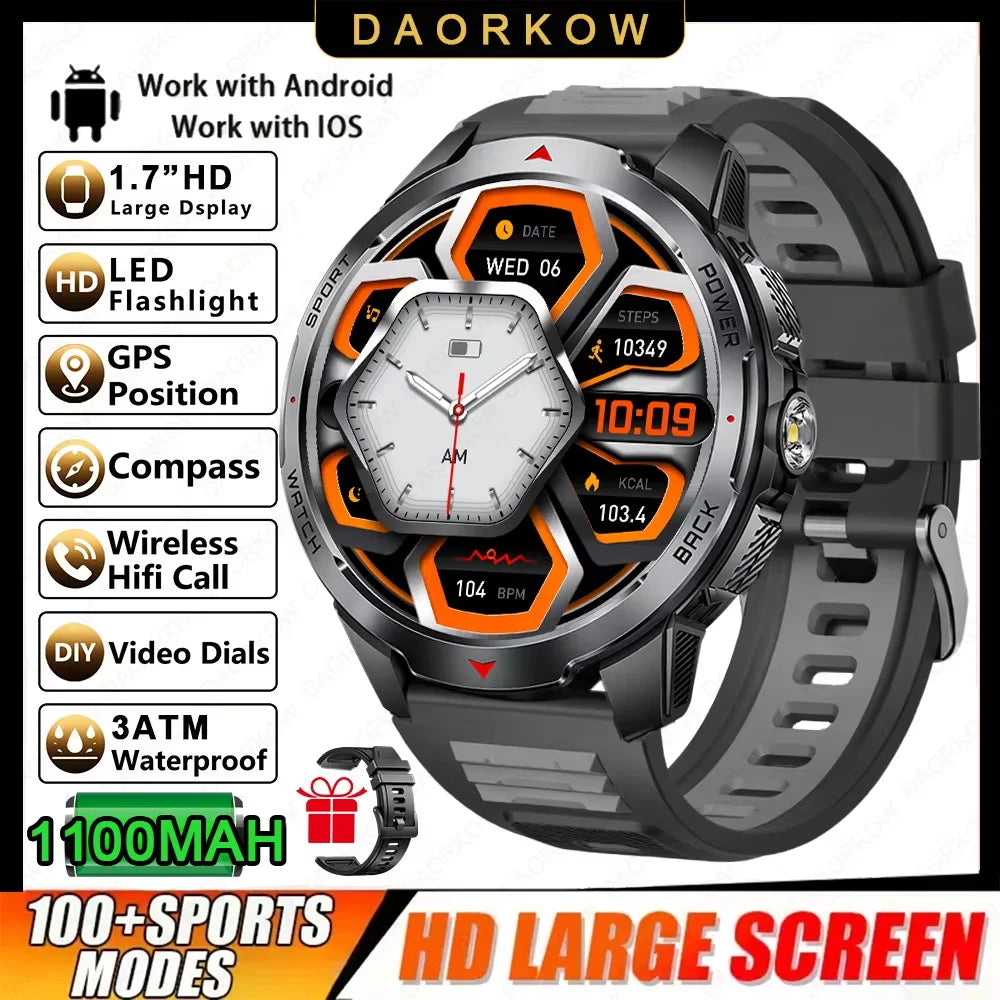 2026 NEW Smartwatch Men Compass 1100mAh Large Battery LED Flashlight 3ATM Waterproof Bluetooth Call Heart Rate Sports Smartwatch