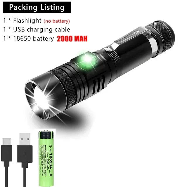 High Power T6 Led Flashlights Zoomable Camping Torch With Pen Clip Waterproof 4 Lighting Modes Multi Function USB Charger