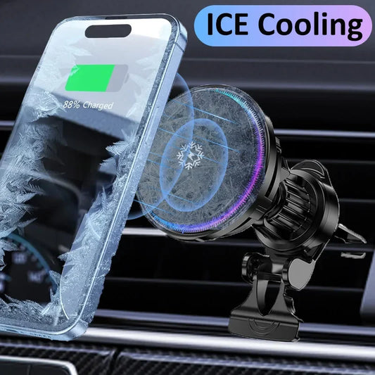 Ice Cooling Magnetic Wireless Car Charger Fast Charging Station for iPhone 17 16 15 14 13 Pro Max MacSafe Car Phone Holder Stand