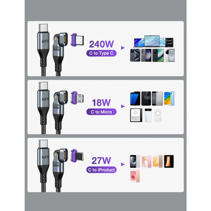 AUFU 16pin 180 Rotate Magnetic Cable 240W Fast Charging Micro USB Type C Cable For iPhone Xiaomi Samsung Magnet USB Phone Cable