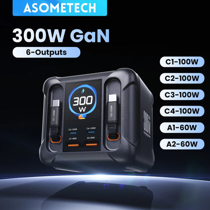 ASOMETECH 300W GaN USB Charger LED Display Retractable Type C Cable 100W 65W PD3.0 PPS Fast Charger Station For Macbook Samsung
