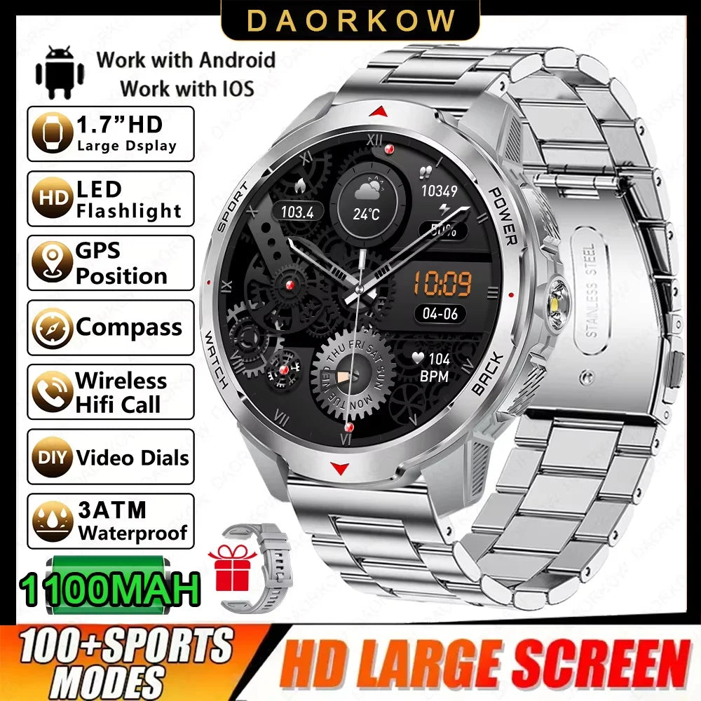 2026 NEW Smartwatch Men Compass 1100mAh Large Battery LED Flashlight 3ATM Waterproof Bluetooth Call Heart Rate Sports Smartwatch