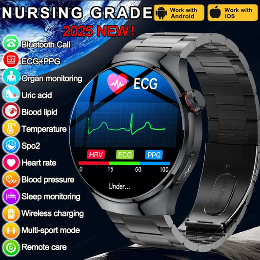 2025 New Nursing Grade Smart Watch Blood Oxygen Blood Lipid Uric Acid ECG+PPG Body Temperature Bluetooth Call Health Smartwatch