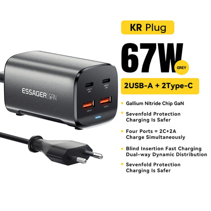 Essager 67W USB C GaN Charger Desktop Quick Charge 4.0 QC 3.0 PD Type C Fast Charging For MacBook Samsung POPC iPhone 15 Laptop