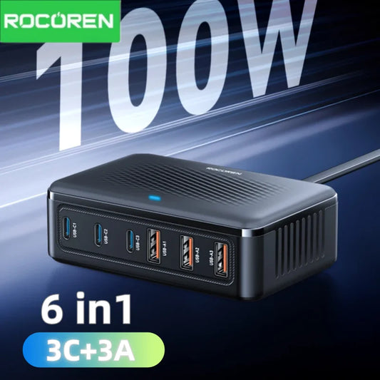 Rocoren USB Charger 100W GaN Charging Station 6-ports Desktop Fast Charging Type C Portable Power Station For iPhone 17 Xiaomi