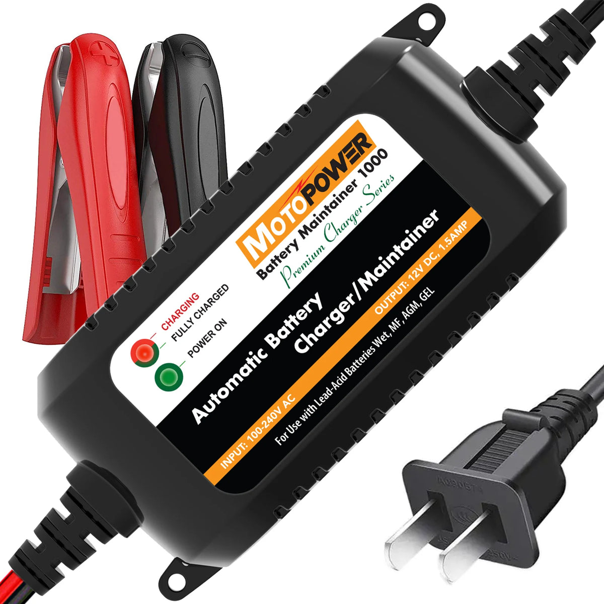 MOTOPOWER 12V 1.5A Fully Automatic Smart Battery Charger Maintainer for Car Truck Boat Motorcycle all types Lead Acid Batteries