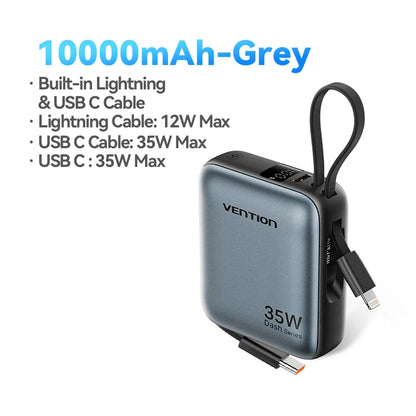 Vention 10000mAh Power Bank Fast Charging PD 35W Portable Mini PowerBank for iPhone 17 16 15 Xiaomi External Battery Charger