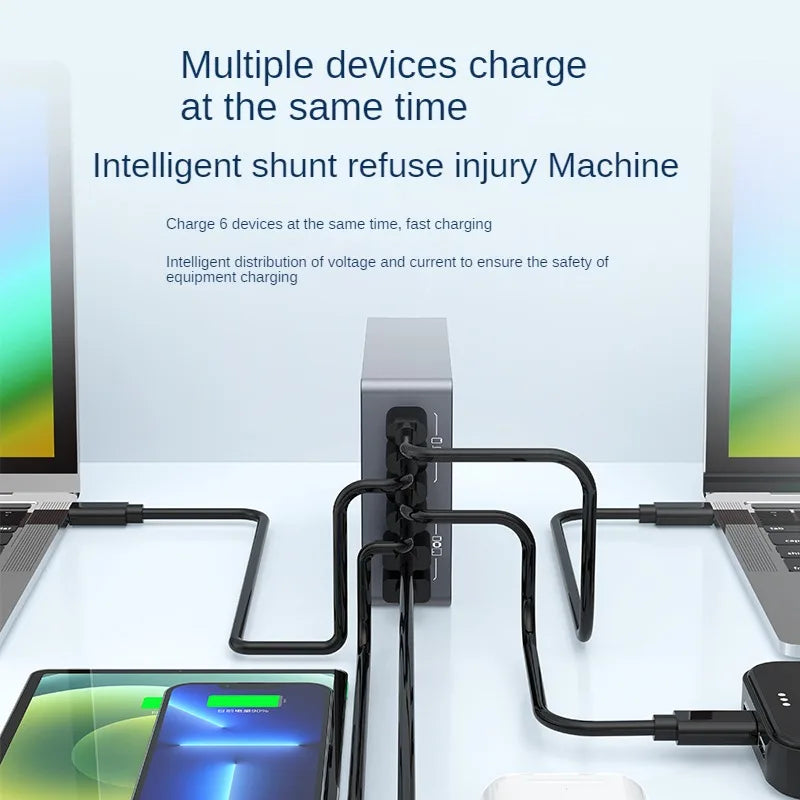 220W GaN Desktop Charger 6-Ports PD 100W USB Type C QC 3.0 Fast Charging Station for IPhone 16 Pro Tablet Macbook Samsung Laptop