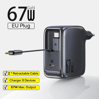 Baseus 67W GaN Charger With Dual Retractable Cable Fast Charger for iPhone Xiaomi Samsung Travel Charger Universal Phone Charger