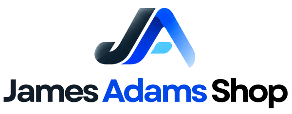 The logo for James Adams Shop, featuring a stylized 'JA' emblem in dark gray and blue above the text 'James Adams Shop' on a plain white background.